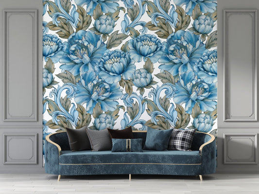 Blue Peonies Peony Blooming Flowers Antique Baroque Elements Wallpaper Self Adhesive Peel & Stick Wall Sticker Wall Decoration Removable