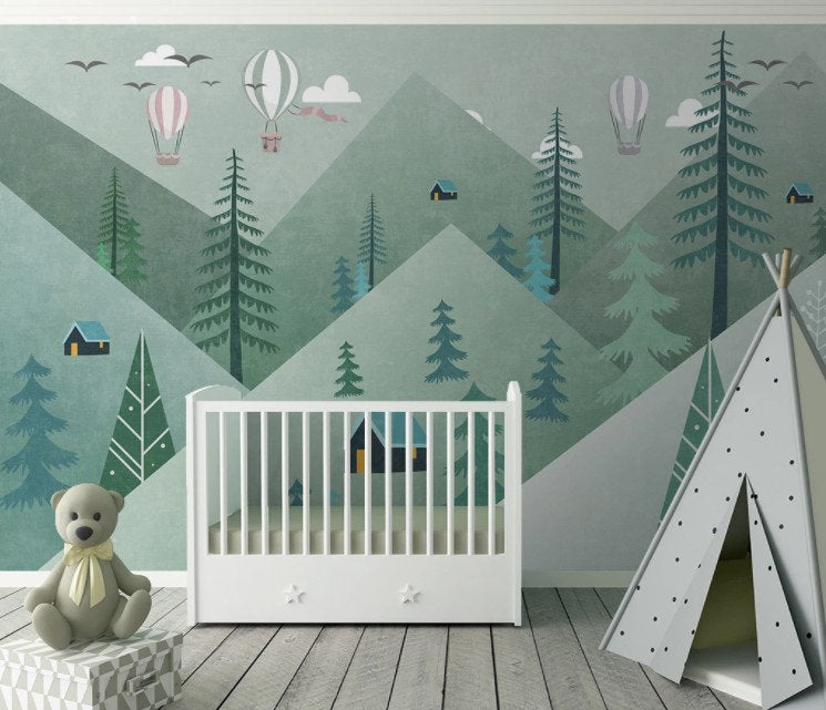 Triangle Mountains Trees Hot Air Balloons Houses Wallpaper Self Adhesive Peel and Stick Wall Decoration Scandinavian Removable