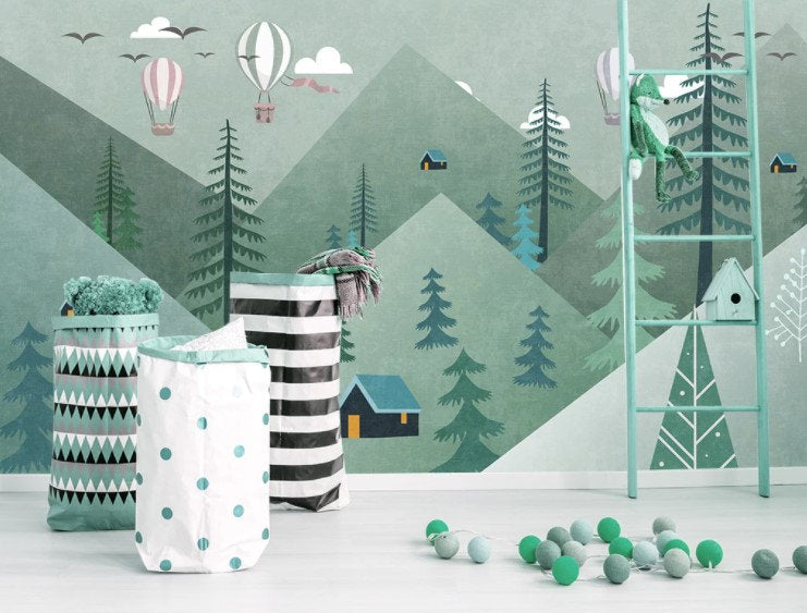 Triangle Mountains Trees Hot Air Balloons Houses Wallpaper Self Adhesive Peel and Stick Wall Decoration Scandinavian Removable
