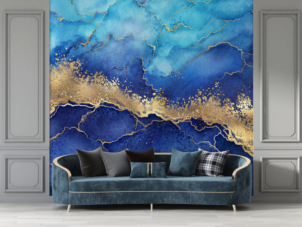 Abstract Blue Marble Background with Golden Veins Stone Texture Wallpaper Self Adhesive Peel & Stick Wall Wall Sticker Decoration Removable