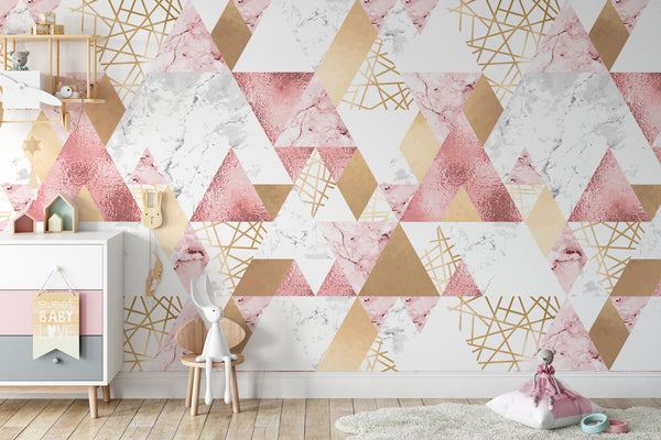 Metallic Lines Rose Gold Gray and Pink Marble Triangles Geometric Modern Polygons Abstract Wallpaper Self Adhesive Peel and Stick Removable