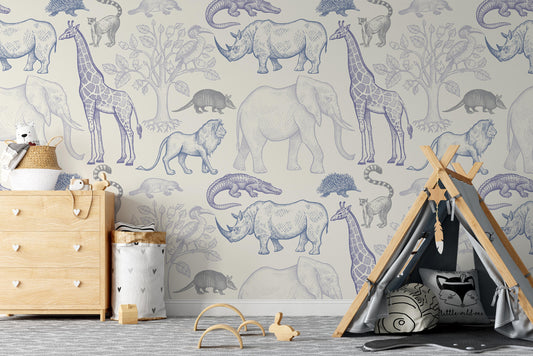 Animals and Trees Lion Elephant Hedgehog Crocodile Rhino Giraffe Wallpaper Self Adhesive Peel and Stick Wall Decoration Removable