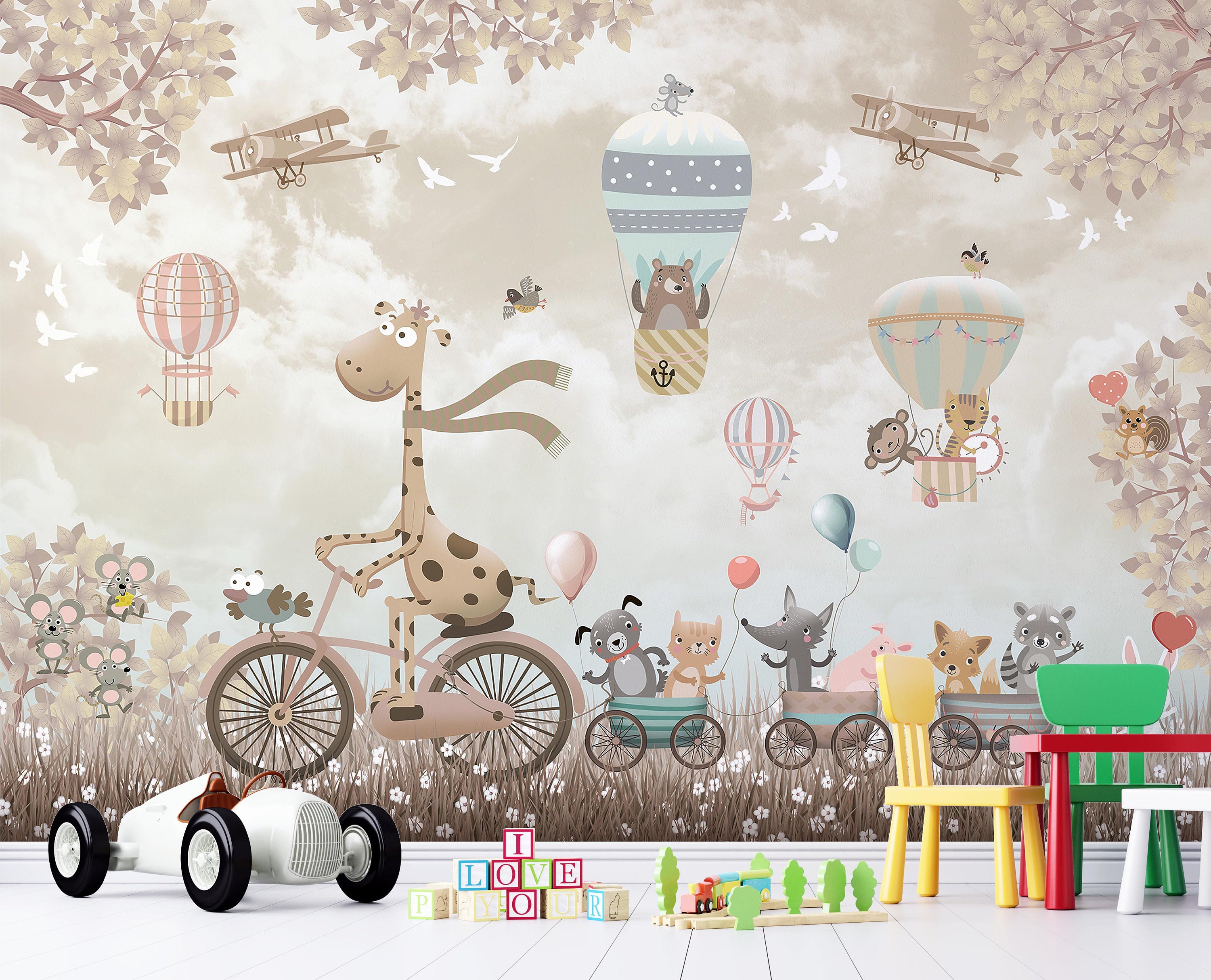 Big Giraffe on Bicycle with Cute Baby Animals Monkey Fox Pig Rabbit Bear Wallpaper Self Adhesive Peel & Stick Wall Decoration Removable