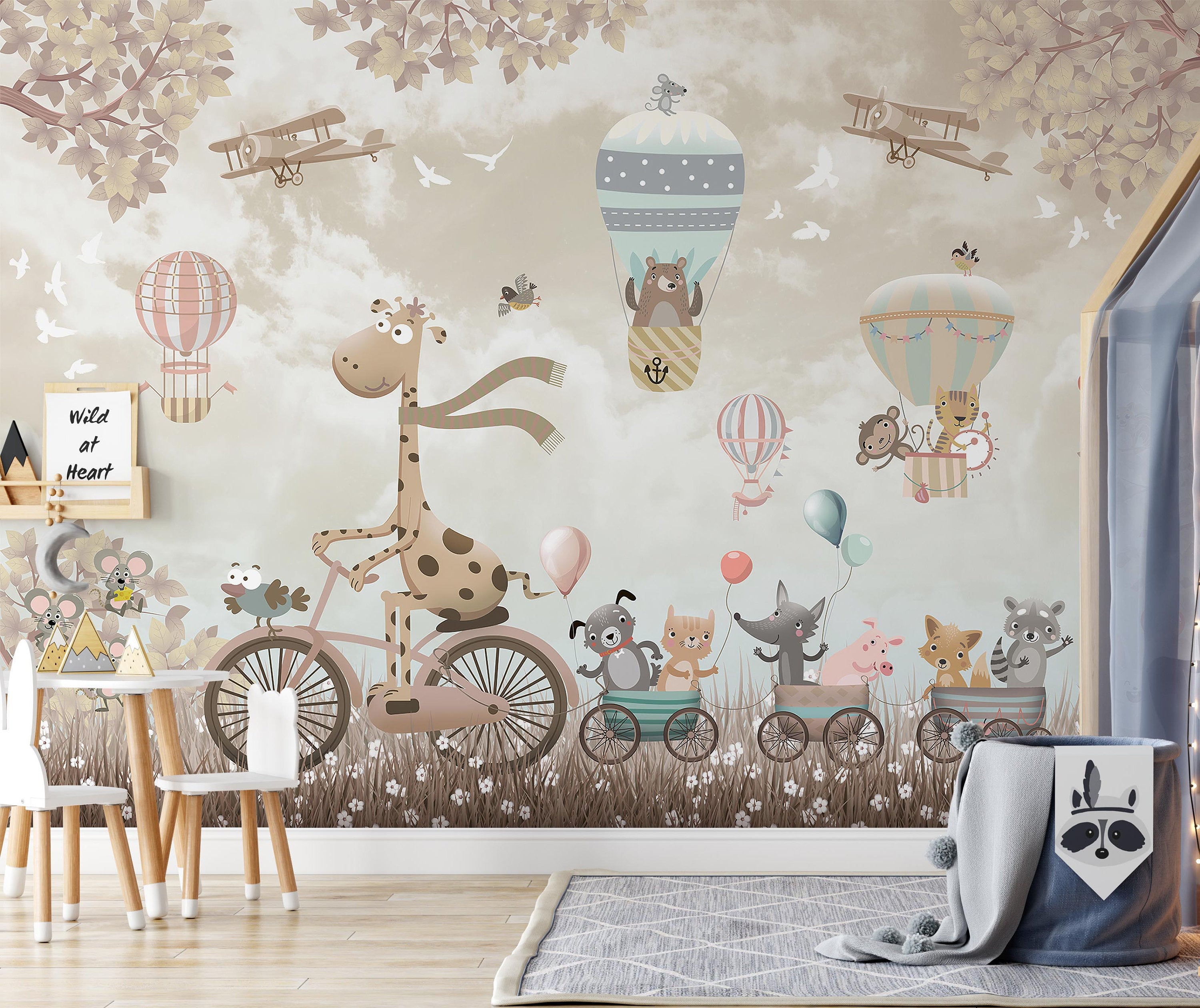 Big Giraffe on Bicycle with Cute Baby Animals Monkey Fox Pig Rabbit Bear Wallpaper Self Adhesive Peel & Stick Wall Decoration Removable