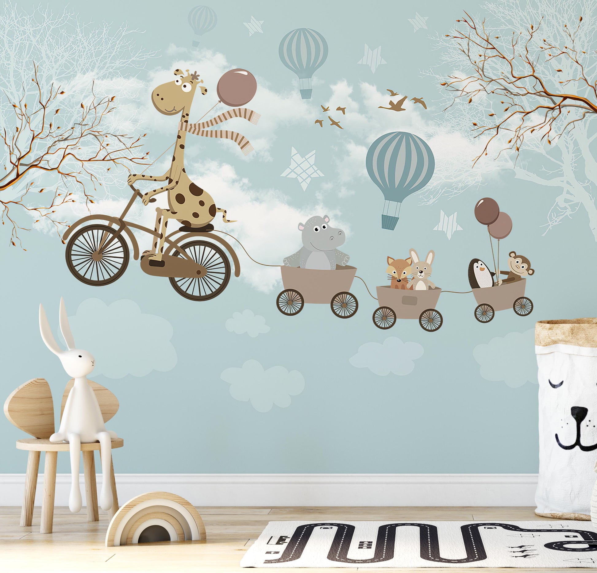 Light Blue Sky Big Giraffe on Bicycle with Cute Animals Fox Rabbit Penguin Wallpaper Self Adhesive Peel & Stick Wall Decoration Removable