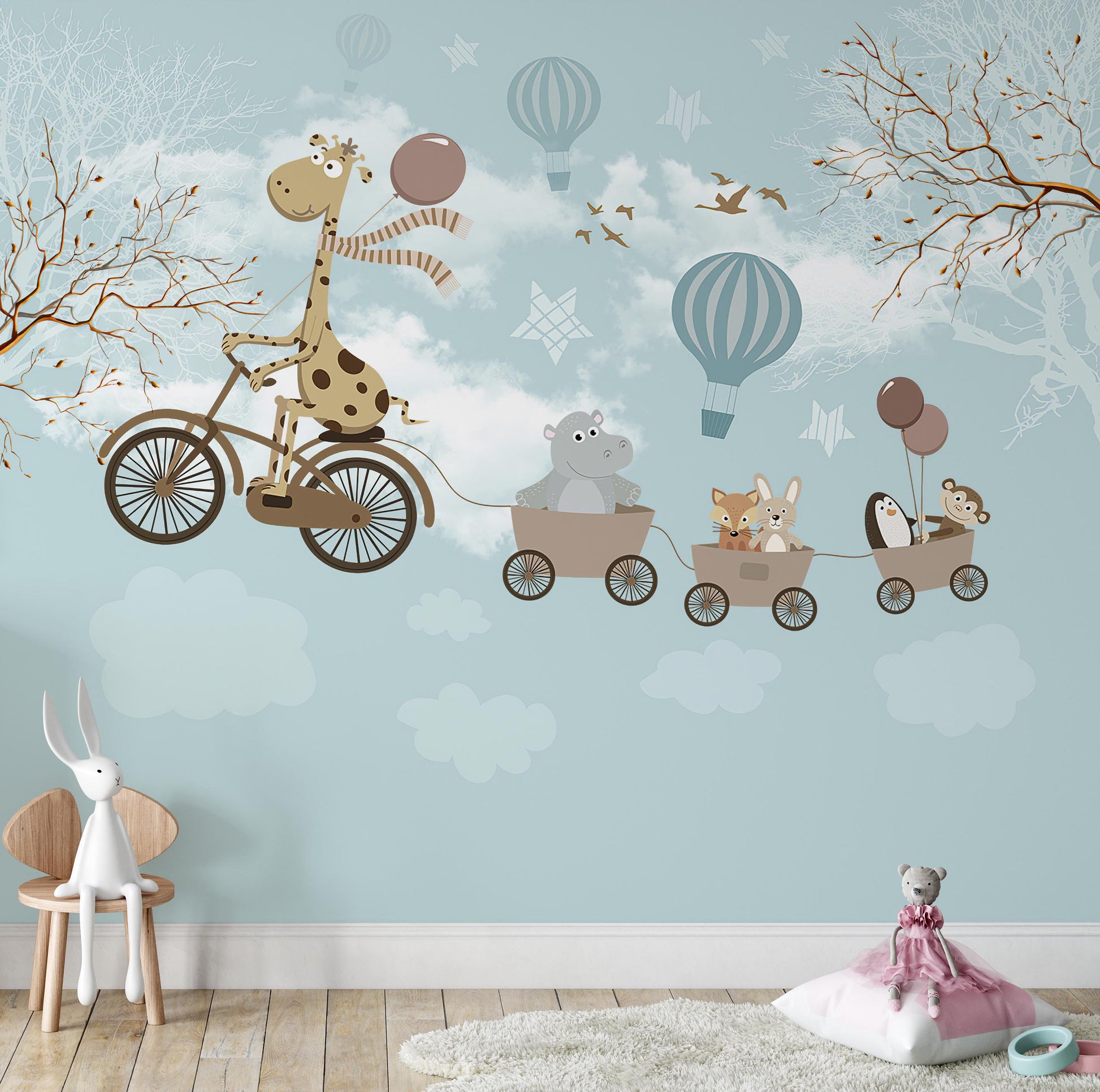 Light Blue Sky Big Giraffe on Bicycle with Cute Animals Fox Rabbit Penguin Wallpaper Self Adhesive Peel & Stick Wall Decoration Removable