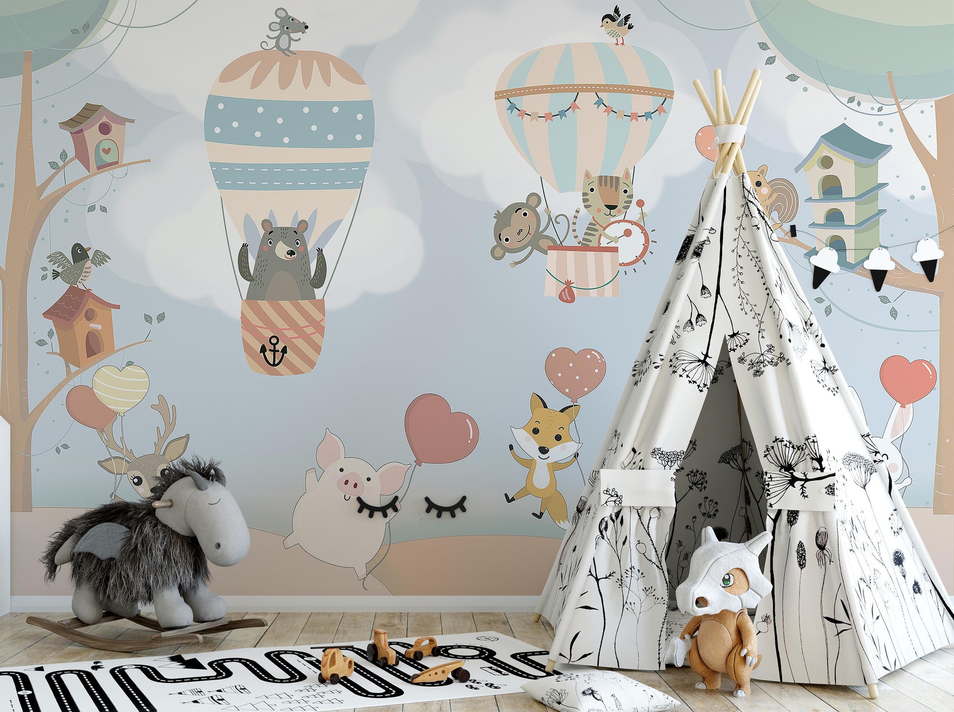Happy Baby Animals Monkey Fox Monkey Bear Birds Rabbit Roe Pig Air Balloons Wallpaper Self Adhesive Peel & Stick Wall Decoration Removable