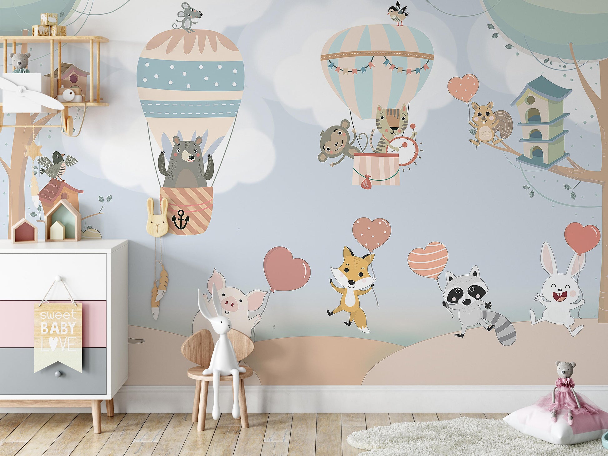 Happy Baby Animals Monkey Fox Monkey Bear Birds Rabbit Roe Pig Air Balloons Wallpaper Self Adhesive Peel & Stick Wall Decoration Removable