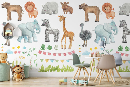 Safari Giraffe Rhino Zebra Lion Warthog Ostrich Buffalo Elephant Cute Animals Wallpaper Self Adhesive Peel & Stick Wall Decoration Removable