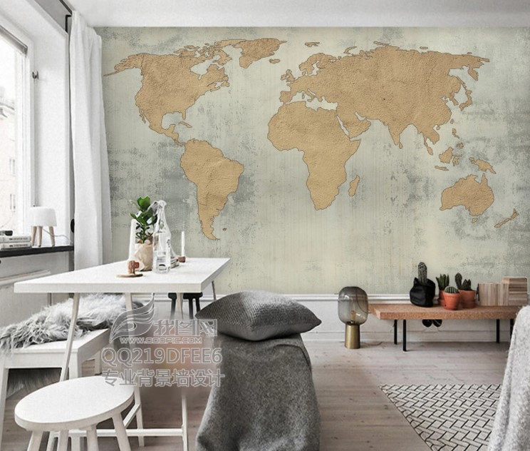 Vintage Grunge Style Quality Paper Excellent World Map Wallpaper Self Adhesive Peel and Stick Wall Sticker Wall Decoration Design Removable