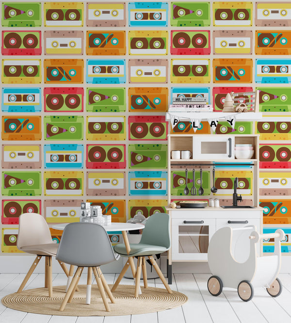 Retro Colorful Various Different Audio-Cassettes Wallpaper Self Adhesive Peel and Stick Wall Decoration Scandinavian Design Removable