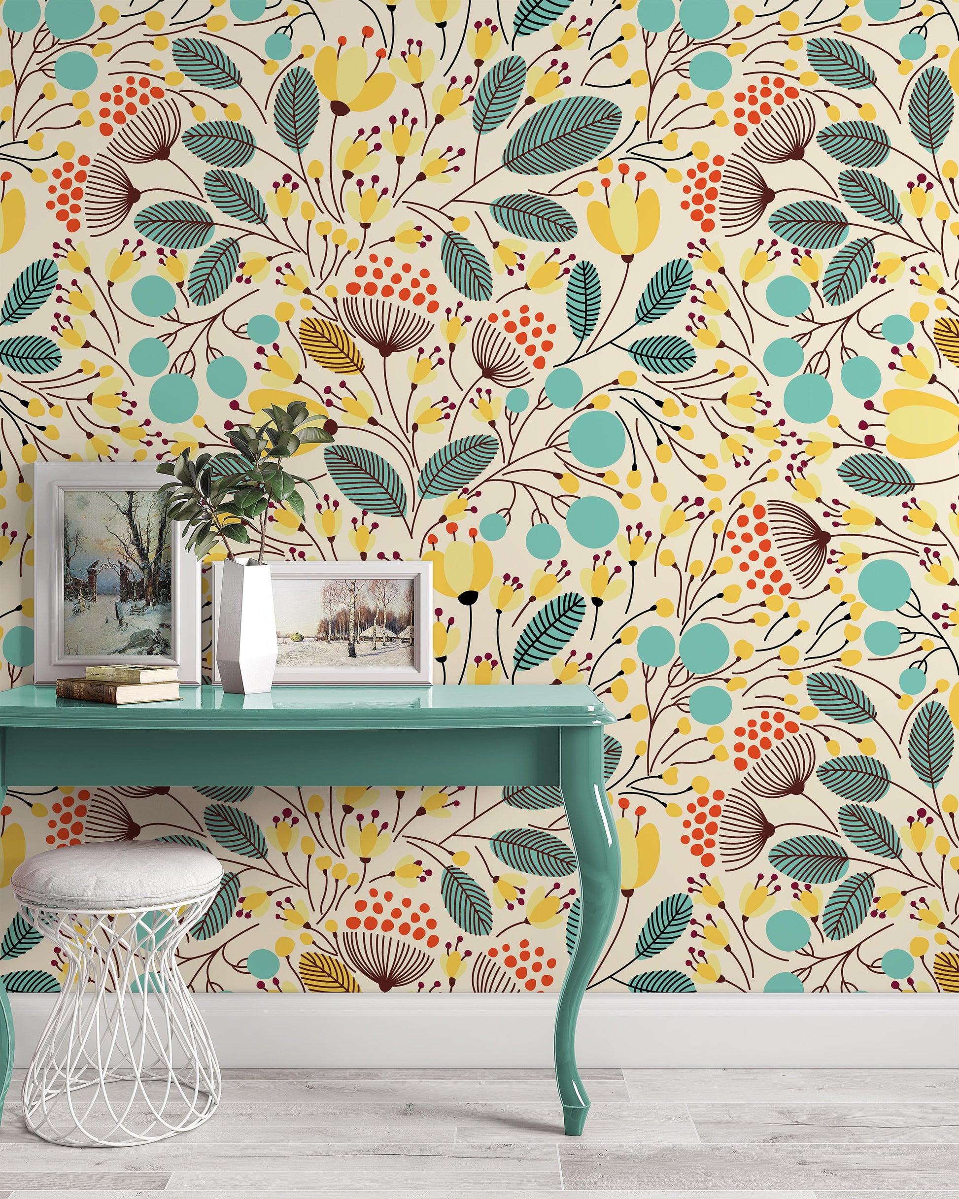 Elegant pattern Yellow and Light Blue Flowers Amazing Wallpaper Self Adhesive Peel and Stick Wall Sticker Wall Decoration Removable
