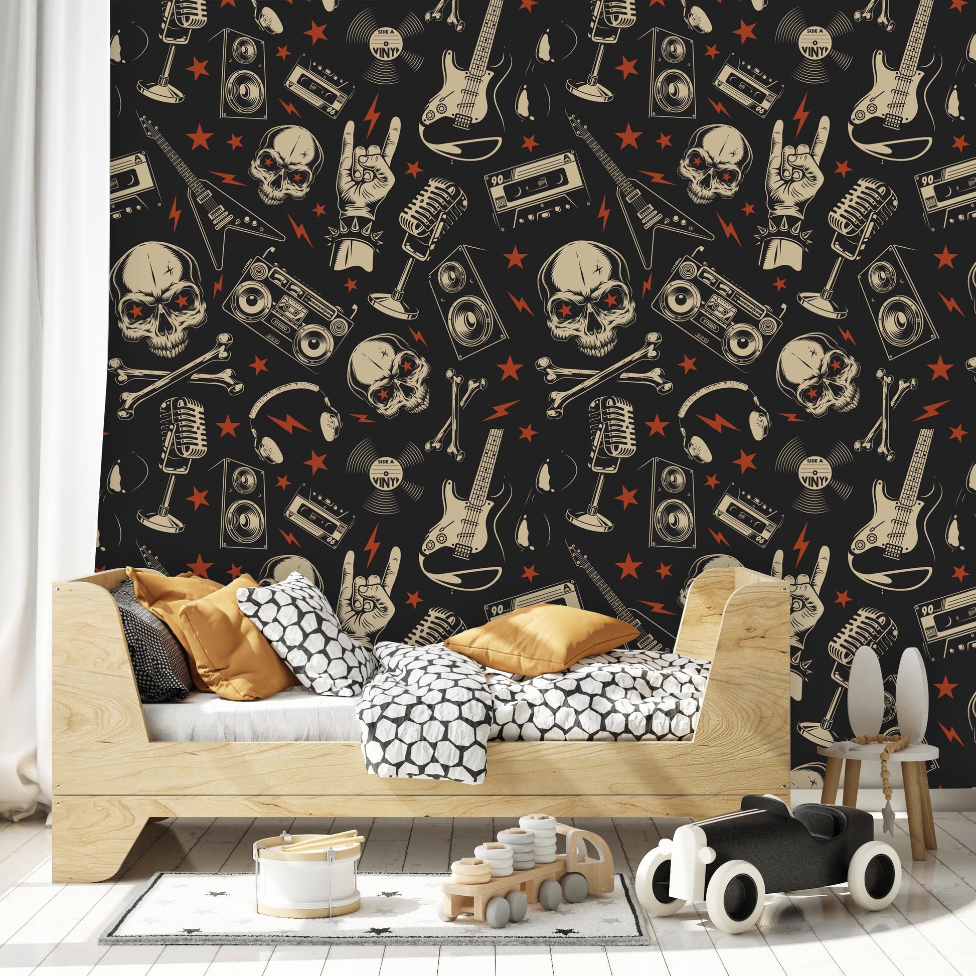 Pattern Skulls Bones Electric Guitar Rock&#39;n Roll Red Stars Wallpaper Self Adhesive Peel and Stick Wall Decoration Design Removable