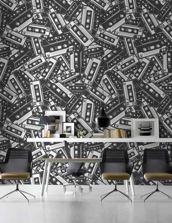 Monochrome Black and White Retro Audio Tapes Wallpaper Self Adhesive Peel and Stick Wall Decoration Design Removable