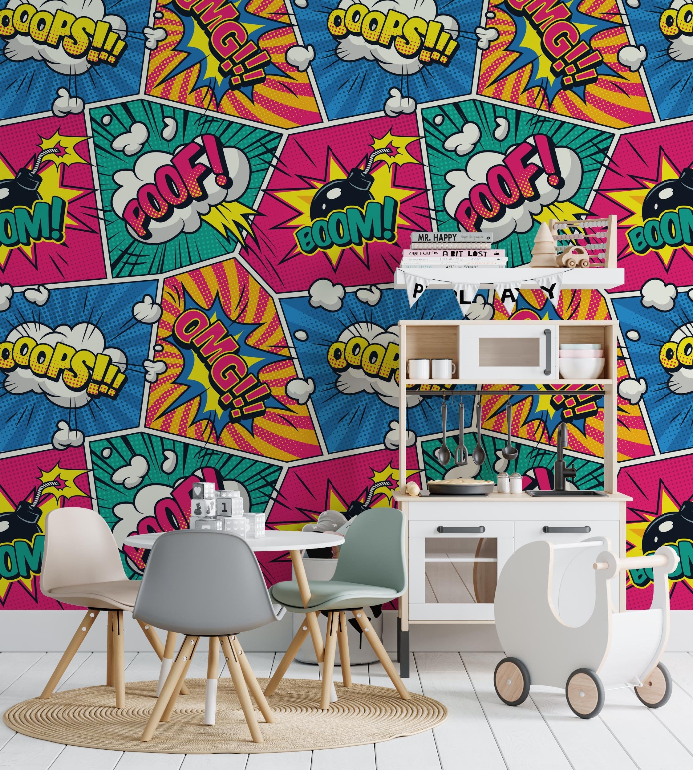 Comic Colorful Speech Bubbles Wordings Smoke Clouds Radial Effects Wallpaper Self Adhesive Peel and Stick Wall Decoration Design Removable