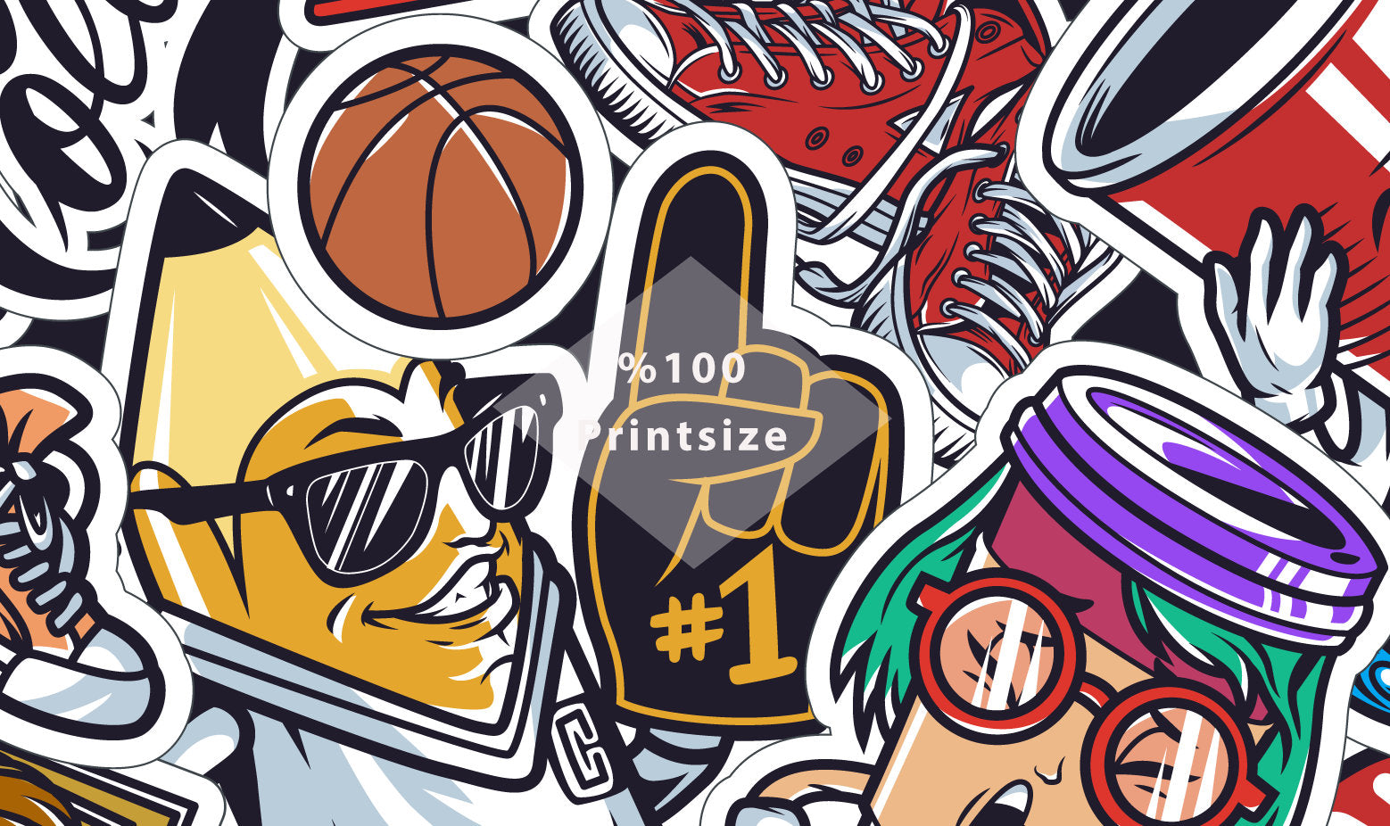 Colorful Glove Basketball Ball Sneakers Books Scroll Funny Characters Wallpaper Self Adhesive Peel & Stick Wall Decoration Design Removable