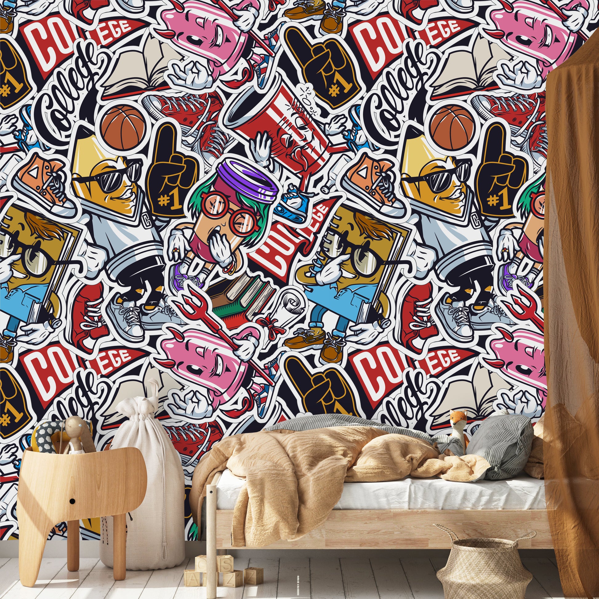 Colorful Glove Basketball Ball Sneakers Books Scroll Funny Characters Wallpaper Self Adhesive Peel & Stick Wall Decoration Design Removable