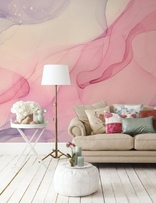 Pink and Purple Abstract Marble Texture Mixing Acrylic Paints Wallpaper Self Adhesive Peel & Stick Wall Sticker Wall Decoration Removable