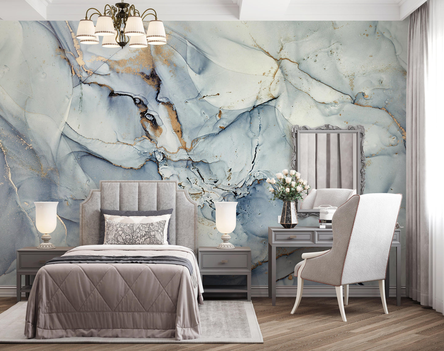 Abstract Tsunami Water Blue and Gray Color Gold Veins Wallpaper Self Adhesive Peel & Stick Wall Sticker Wall Decoration Removable