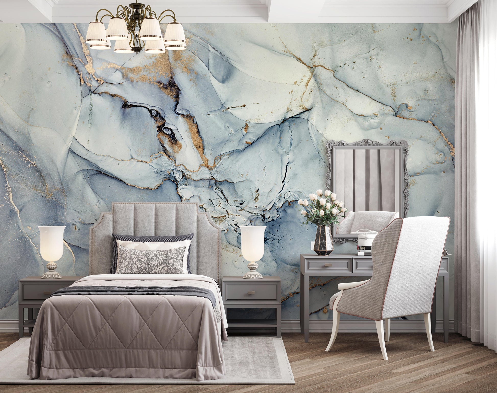 Abstract Tsunami Water Blue and Gray Color Gold Veins Wallpaper Self Adhesive Peel & Stick Wall Sticker Wall Decoration Removable