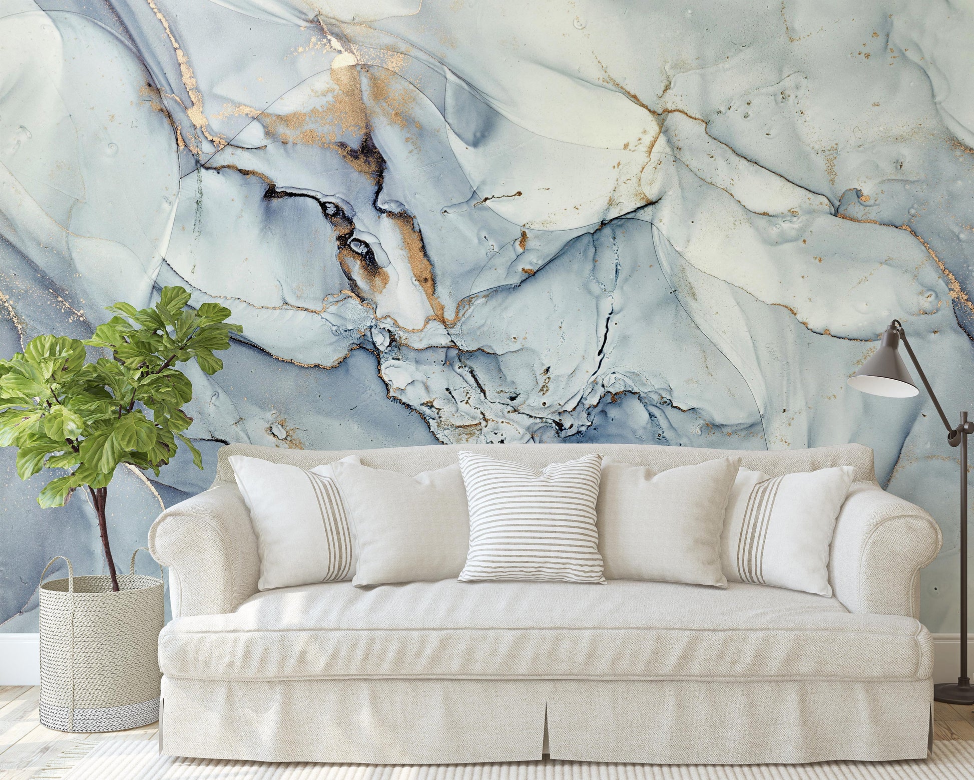 Abstract Tsunami Water Blue and Gray Color Gold Veins Wallpaper Self Adhesive Peel & Stick Wall Sticker Wall Decoration Removable
