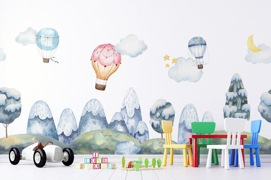 Hot Air Balloons Rain Clouds Stars Trees Mountains Wallpaper Self Adhesive Peel & Stick Wall Decoration Design Removable