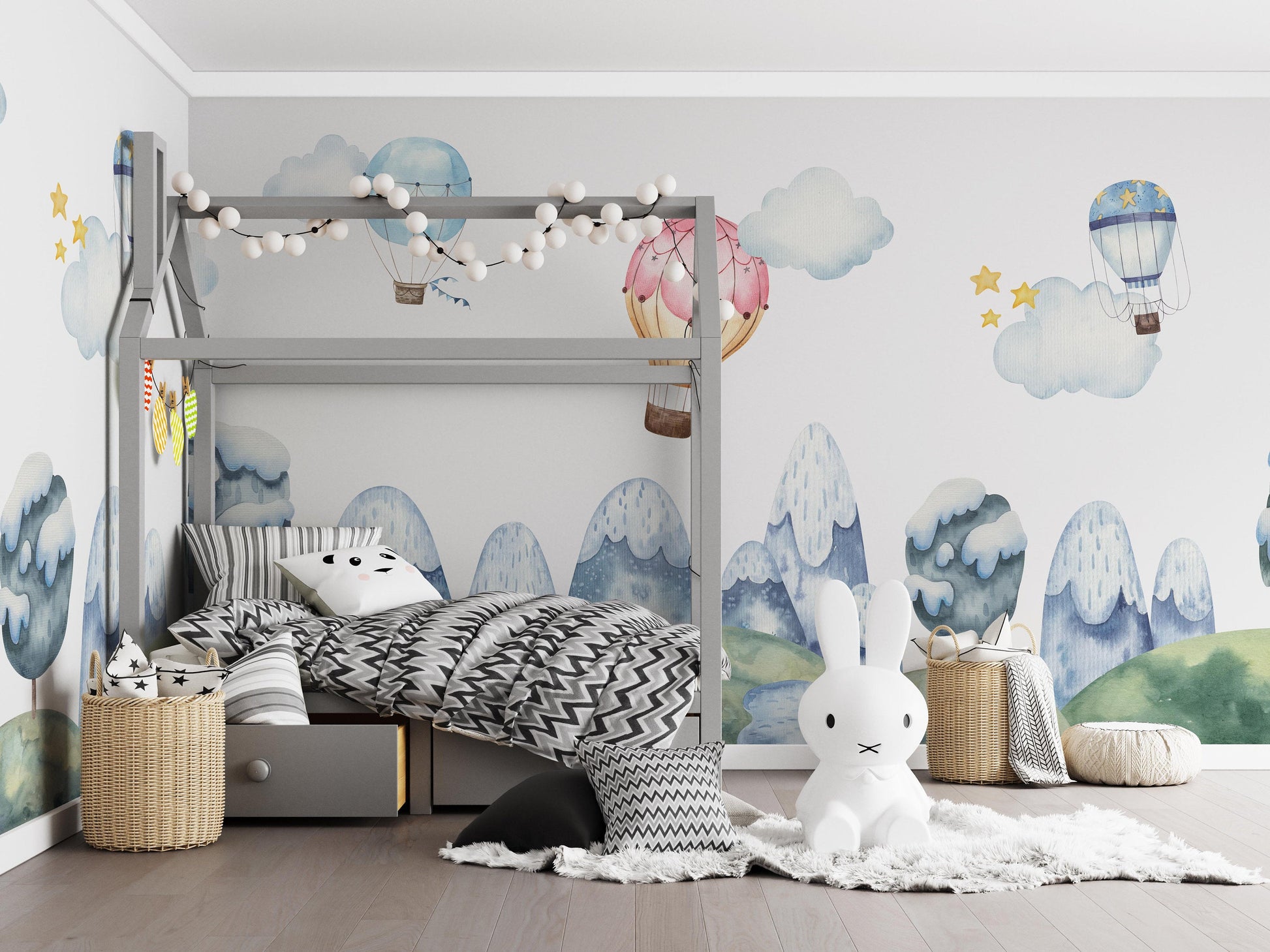 Hot Air Balloons Rain Clouds Stars Trees Mountains Wallpaper Self Adhesive Peel & Stick Wall Decoration Design Removable