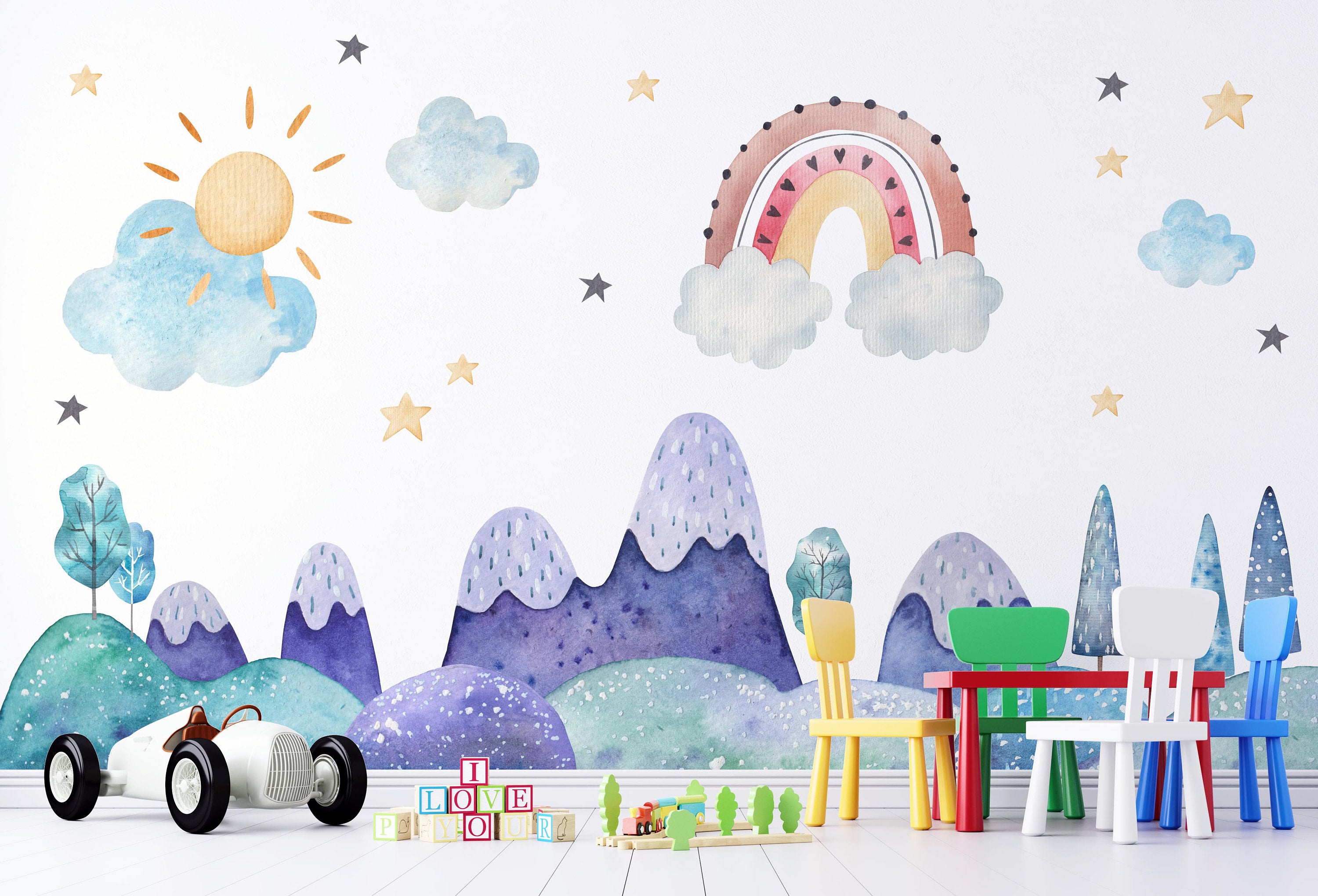 Rainbow on Rain Clouds Stars Mountains Trees Funny Wallpaper Self Adhesive Peel & Stick Wall Decoration Design Removable