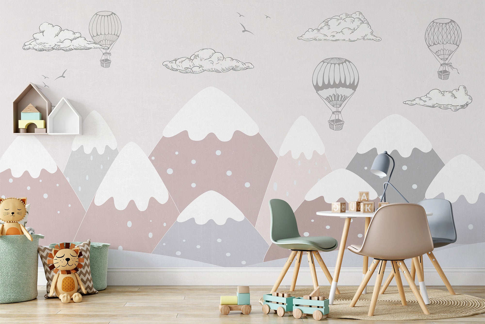 Snowy Mountains Cartoon Cloud and Hot Air Balloons Wallpaper Self Adhesive Peel & Stick Wall Decoration Minimalistic Scandinavian Removable