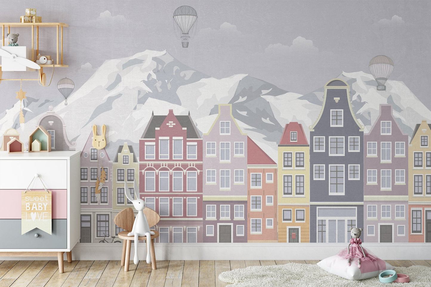 Cute Town Snowy Mountains Hot Air Balloons Wallpaper Self Adhesive Peel & Stick Wall Decoration Minimalistic Scandinavian Removable