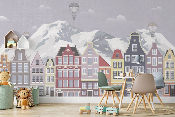 Cute Town Snowy Mountains Hot Air Balloons Wallpaper Self Adhesive Peel & Stick Wall Decoration Minimalistic Scandinavian Removable