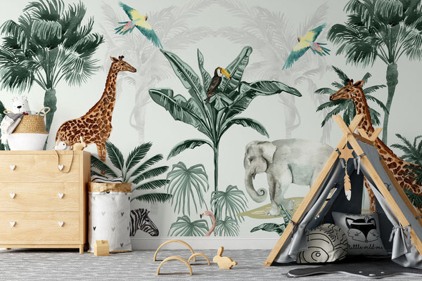 Flamingo Giraffe Elephant Peacock on Tropical Jungle Wallpaper Self Adhesive Peel & Stick Wall Decoration Scandinavian Removable