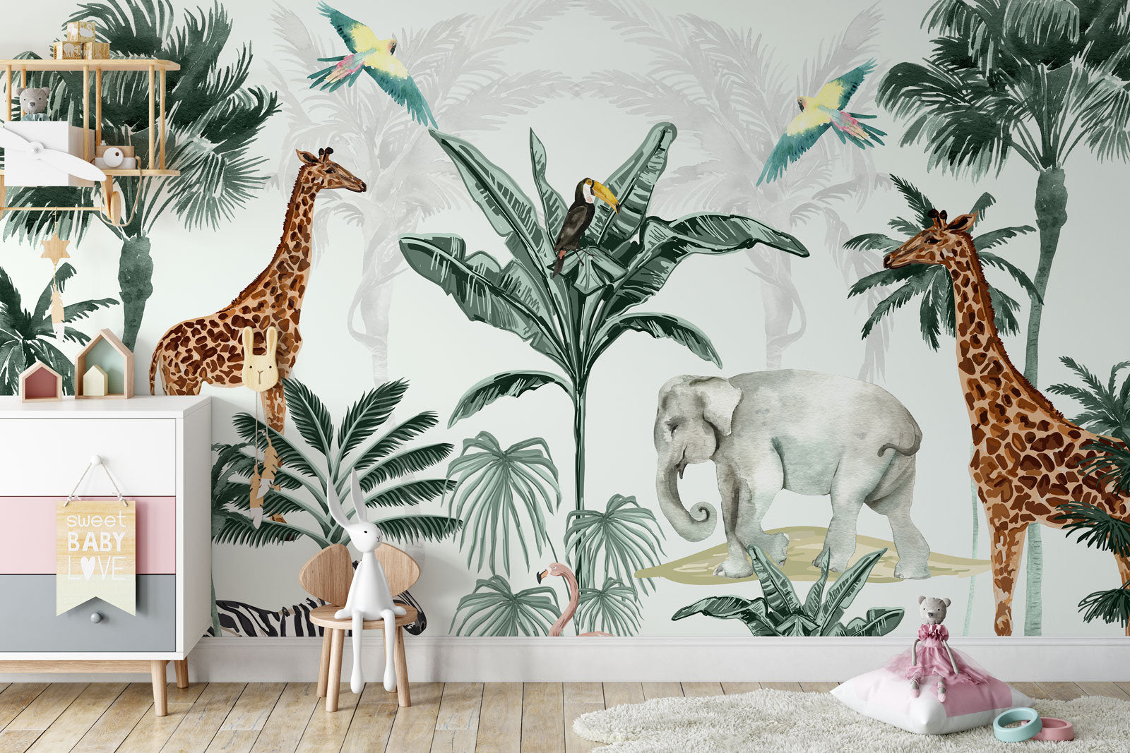 Flamingo Giraffe Elephant Peacock on Tropical Jungle Wallpaper Self Adhesive Peel & Stick Wall Decoration Scandinavian Removable