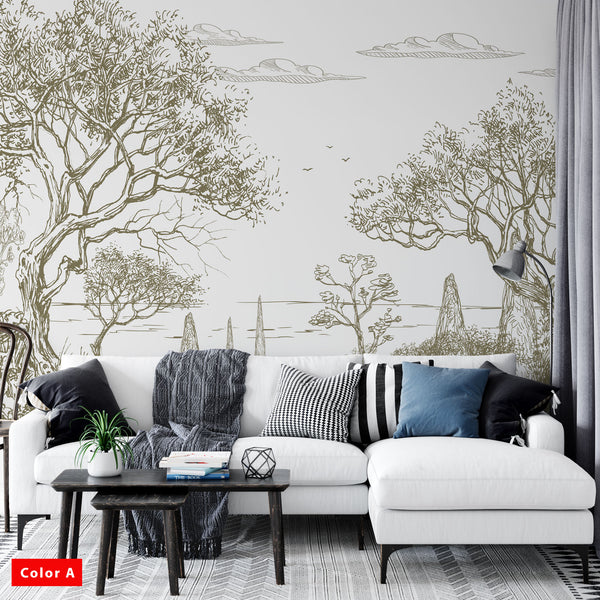 Forest and Sky Art Drawing Modern Design Background Wallpaper Self Adhesive Peel and Stick Wall Sticker Wall Decoration Removable