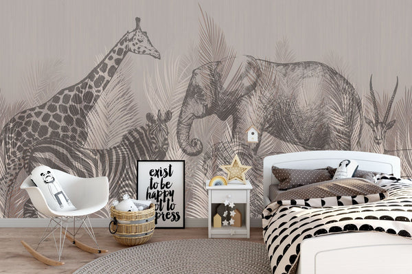 Giraffe Elephant Lion Zebra Gazelle Wallpaper Self Adhesive Peel and Stick Wall Sticker Wall Decoration Scandinavian Design Removable