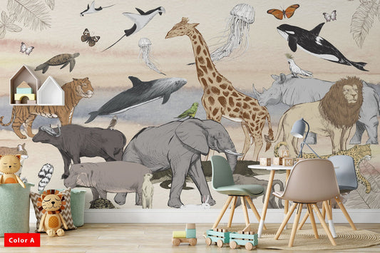 Wildlife Lion Giraffe Elephant Butterfly and Animals Wallpaper Self Adhesive Peel&Stick Wall Decoration Minimalistic Scandinavian Removable