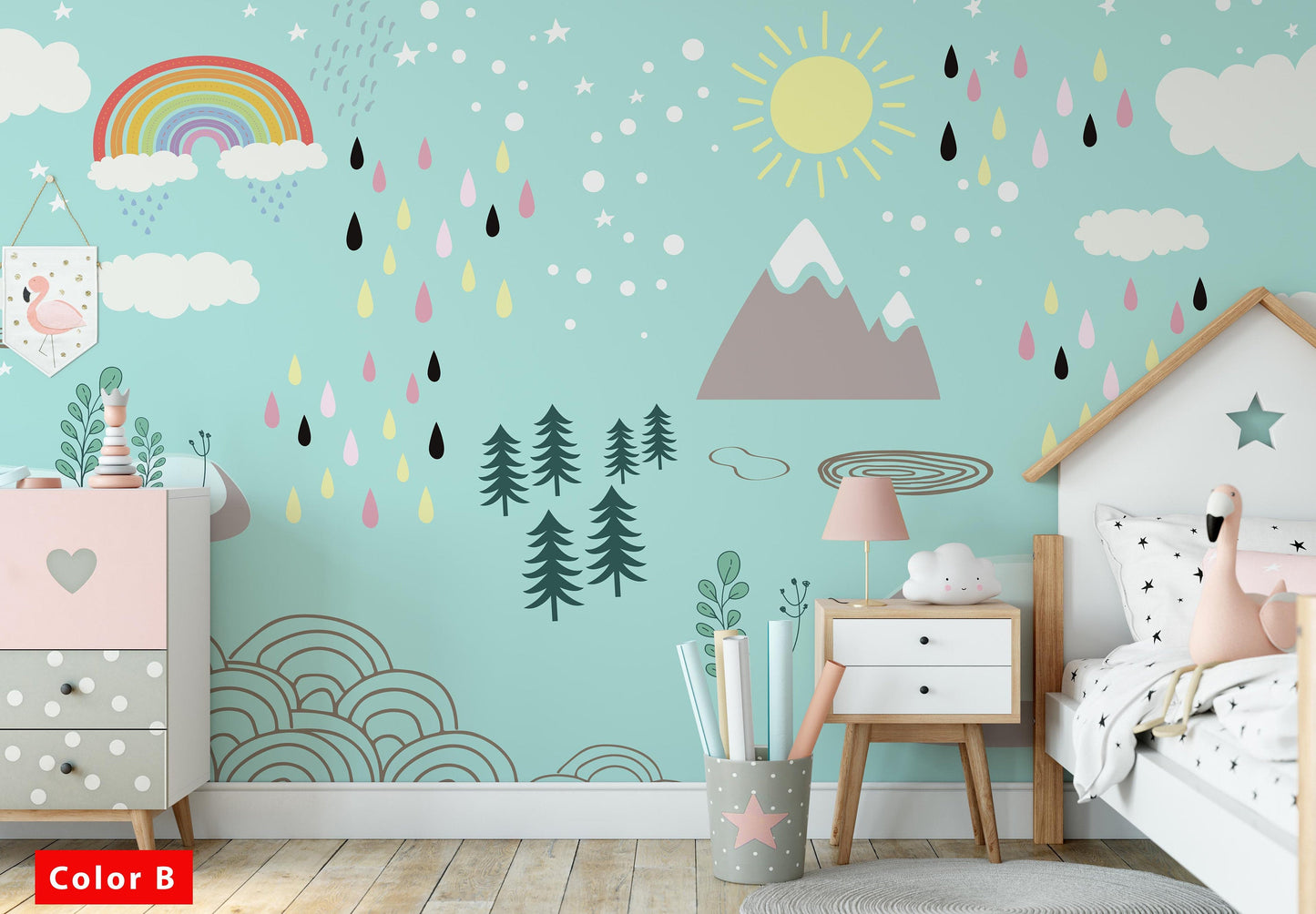 Rainbow Rain Clouds Trees Sun Snowy Mountain Wallpaper Self Adhesive Peel&Stick Wall Decoration Minimalistic Scandinavian Removable