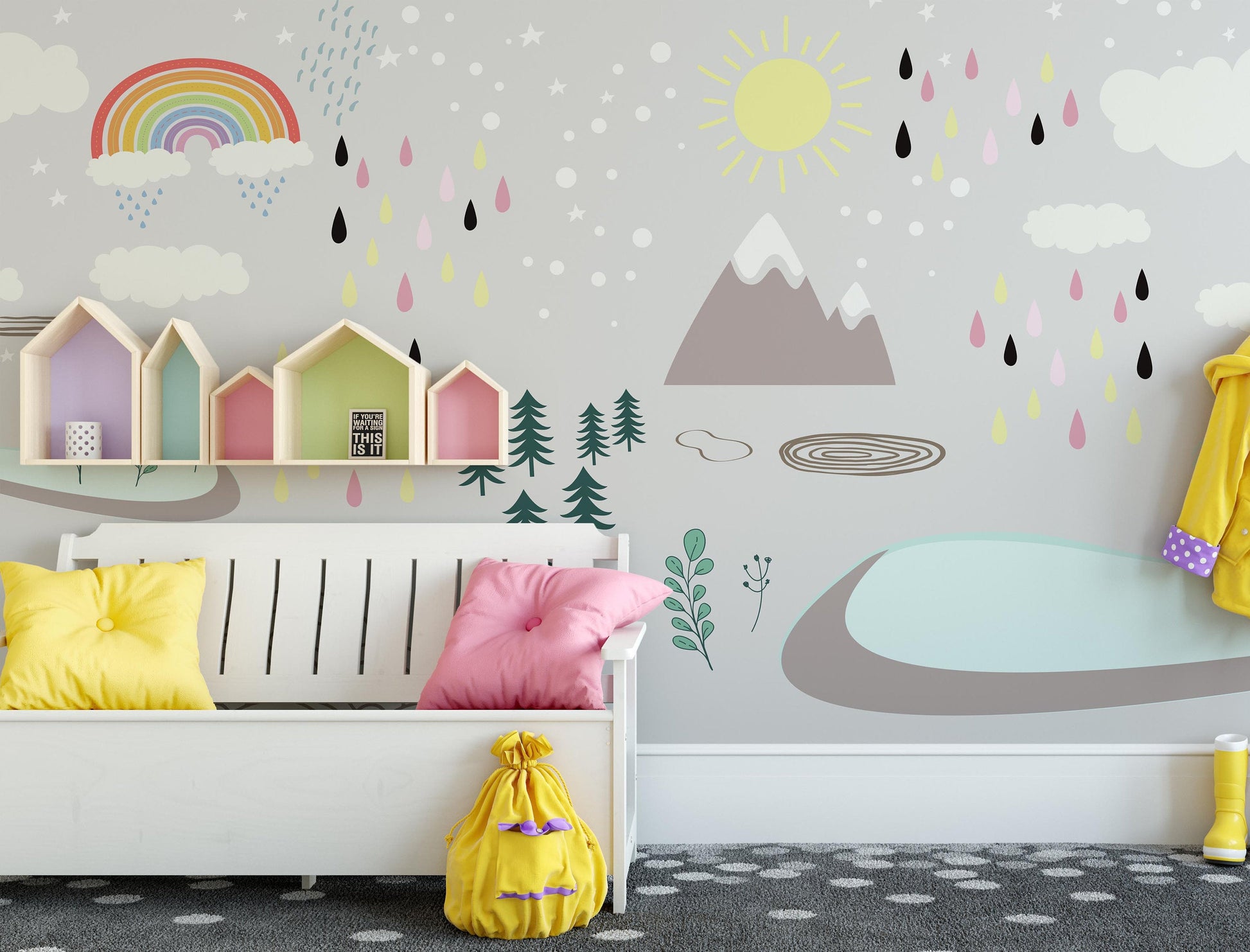 Rainbow Rain Clouds Trees Sun Snowy Mountain Wallpaper Self Adhesive Peel&Stick Wall Decoration Minimalistic Scandinavian Removable