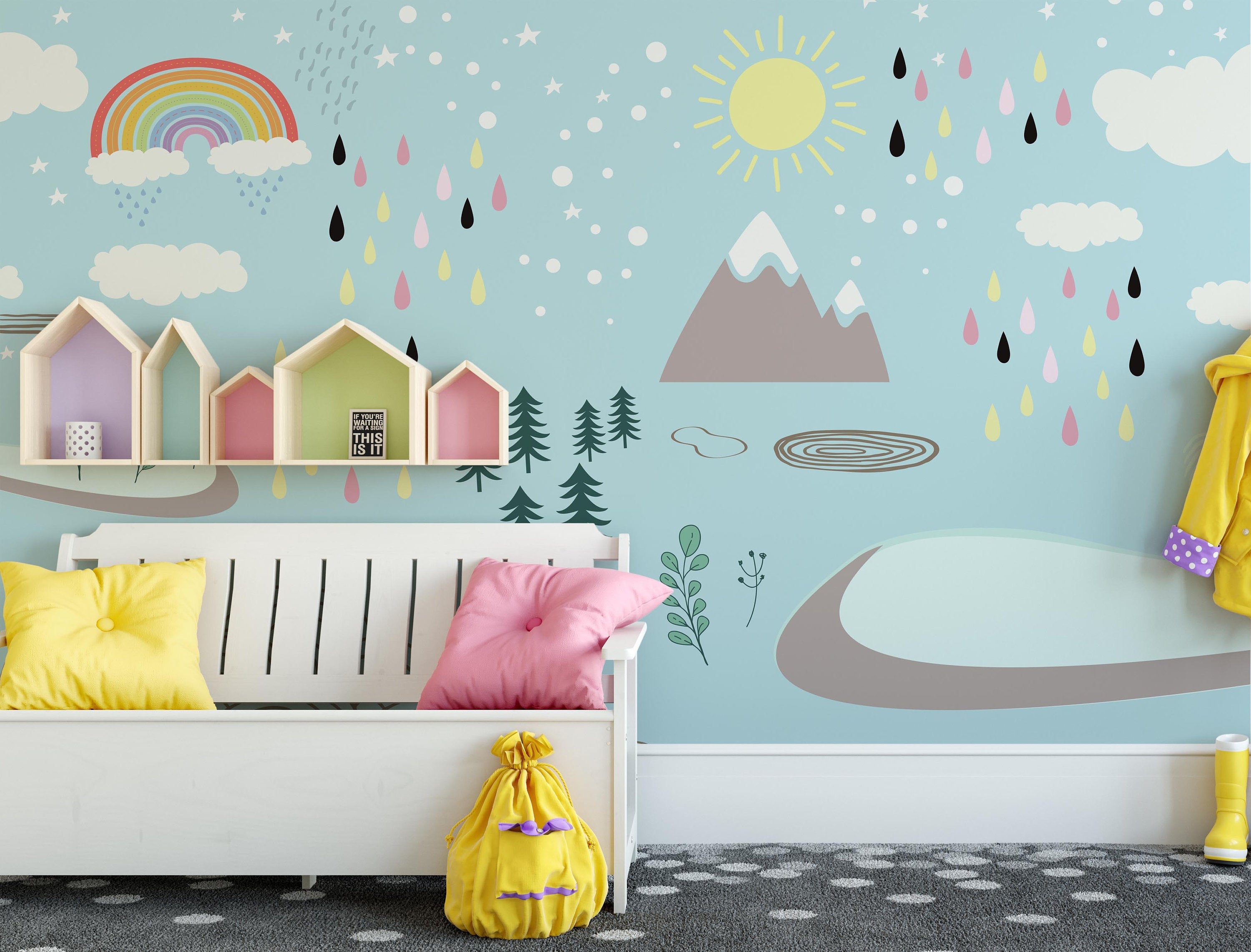 Rainbow Rain Clouds Trees Sun Snowy Mountain Wallpaper Self Adhesive Peel&Stick Wall Decoration Minimalistic Scandinavian Removable