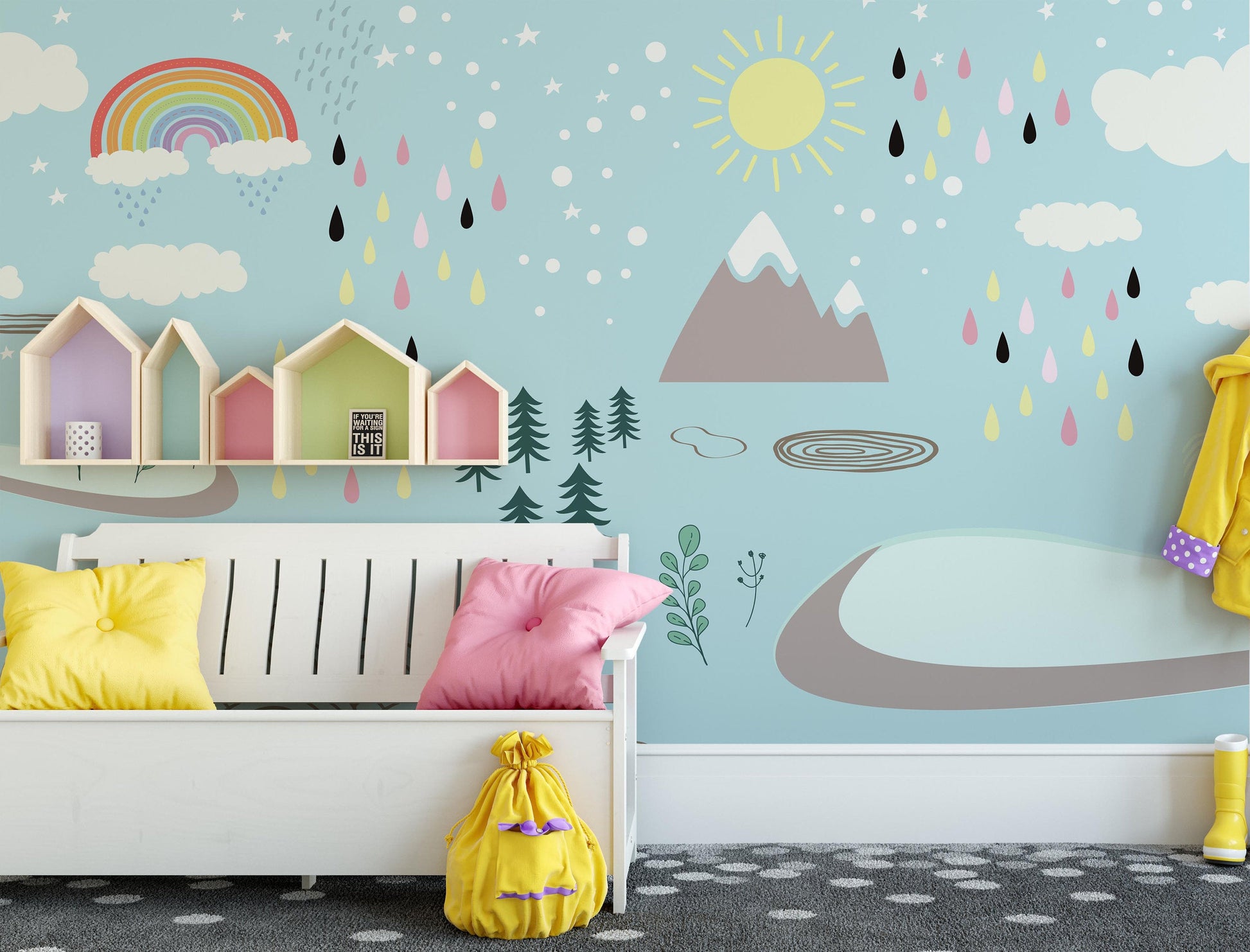 Rainbow Rain Clouds Trees Sun Snowy Mountain Wallpaper Self Adhesive Peel&Stick Wall Decoration Minimalistic Scandinavian Removable