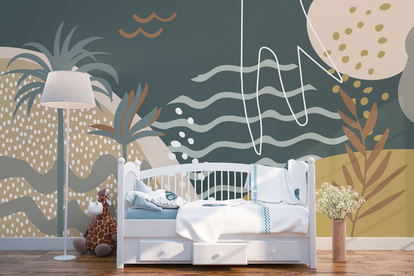 Cartoon Plants Trees Lines Wave Wallpaper Self Adhesive Peel&Stick Wall Decoration Minimalistic Scandinavian Removable