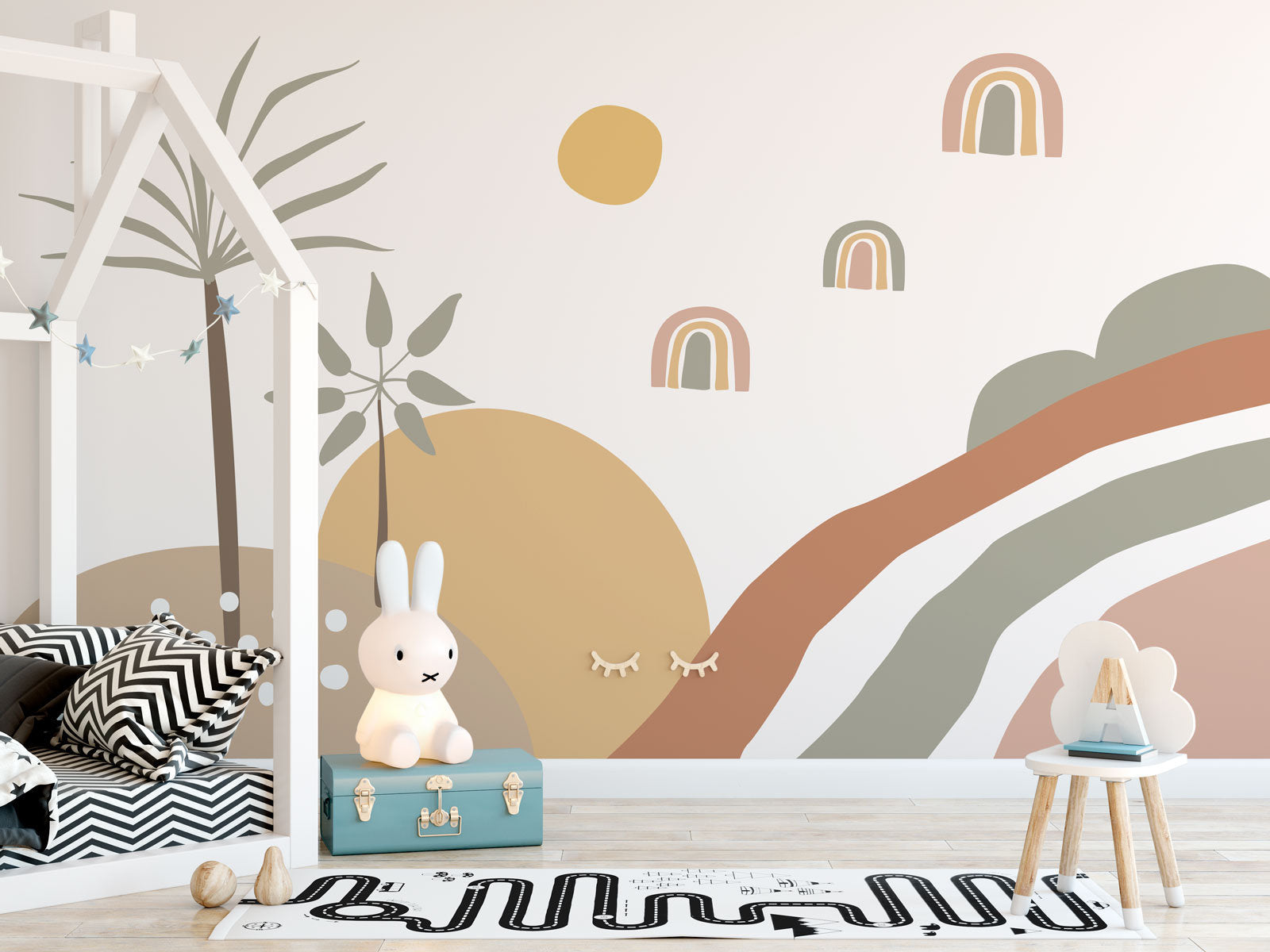 Minimal Rainbows Sun and Trees Wallpaper Self Adhesive Peel and Stick Wall Decoration Minimalistic Scandinavian Removable