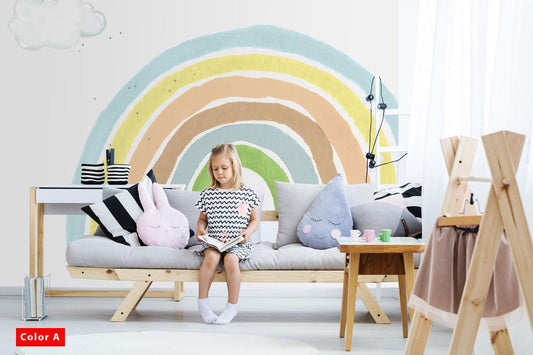 Watercolor Rainbow Rain Cloud Wallpaper Kids Room Nursey Self Adhesive Peel and Stick Wall Decoration Minimalistic Scandinavian Removable