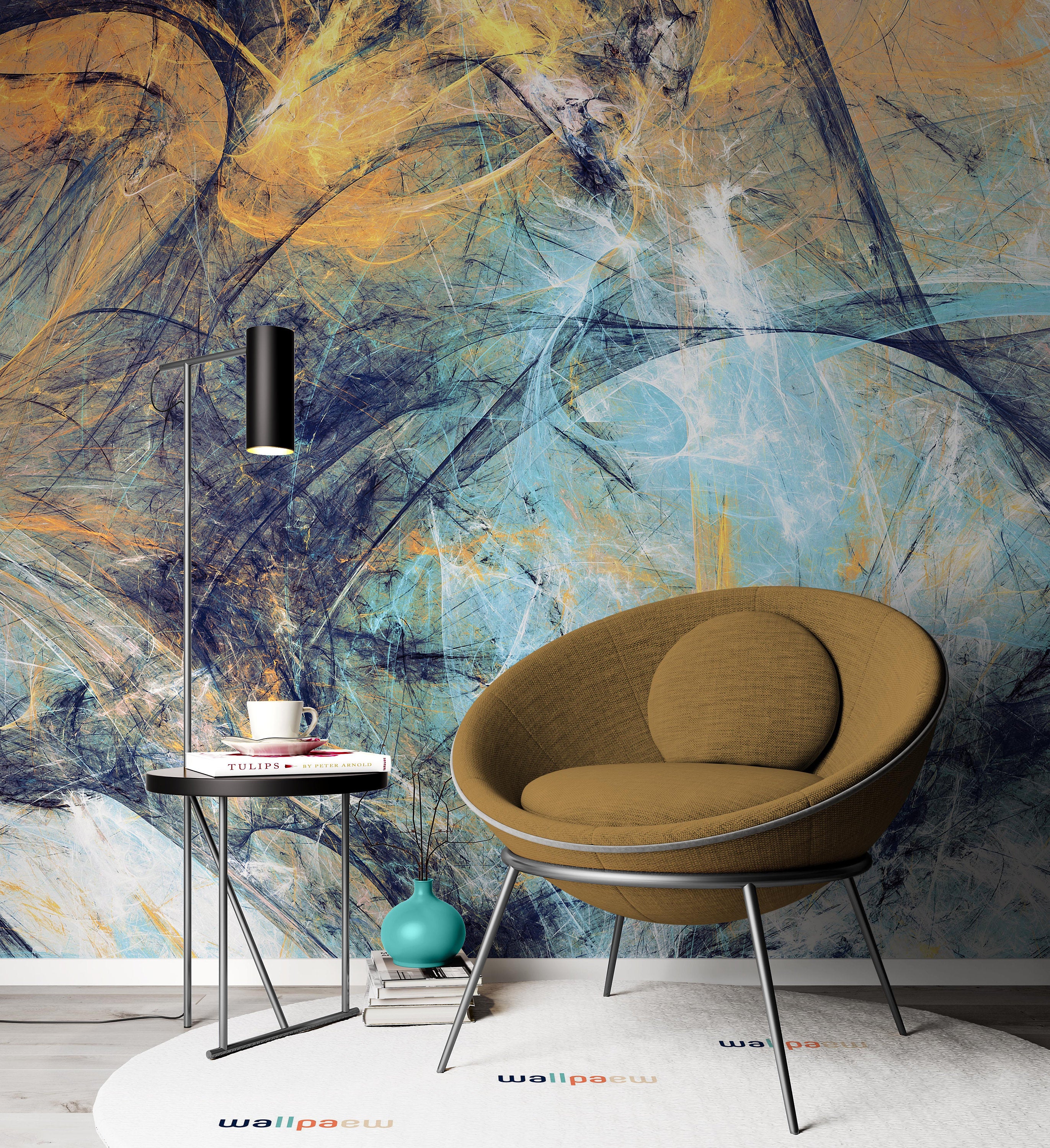 Abstract Blue Yellow White Soft Color Modern Futuristic Pattern Wallpaper Self Adhesive Peel & Stick Wall Sticker Wall Decoration Removable