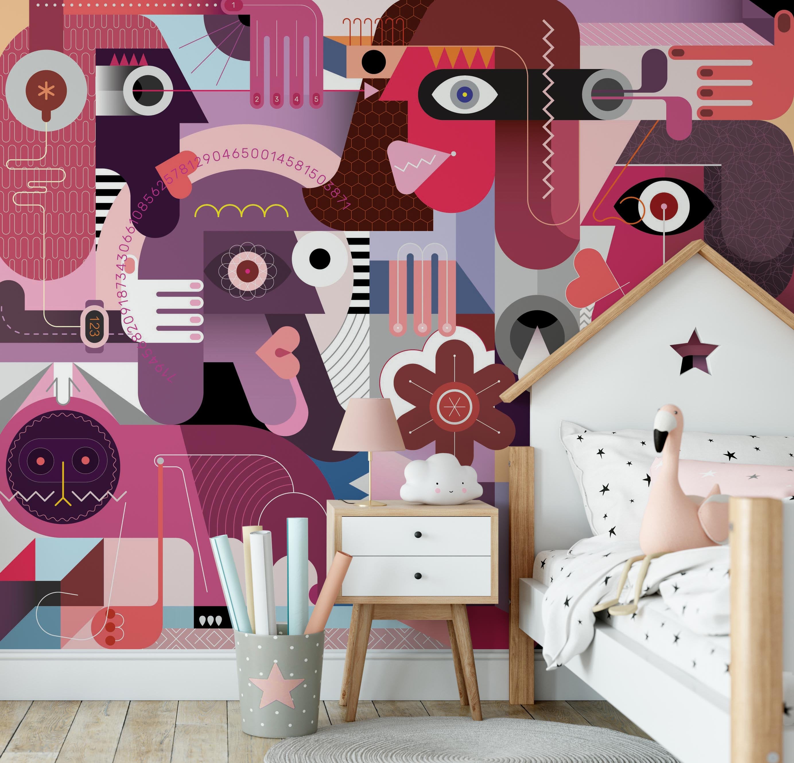 People Cats Modern Abstract Neo Cubism Artwork Wallpaper Kids Room Nursey Self Adhesive Peel & Stick Wall Decoration Scandinavian Removable