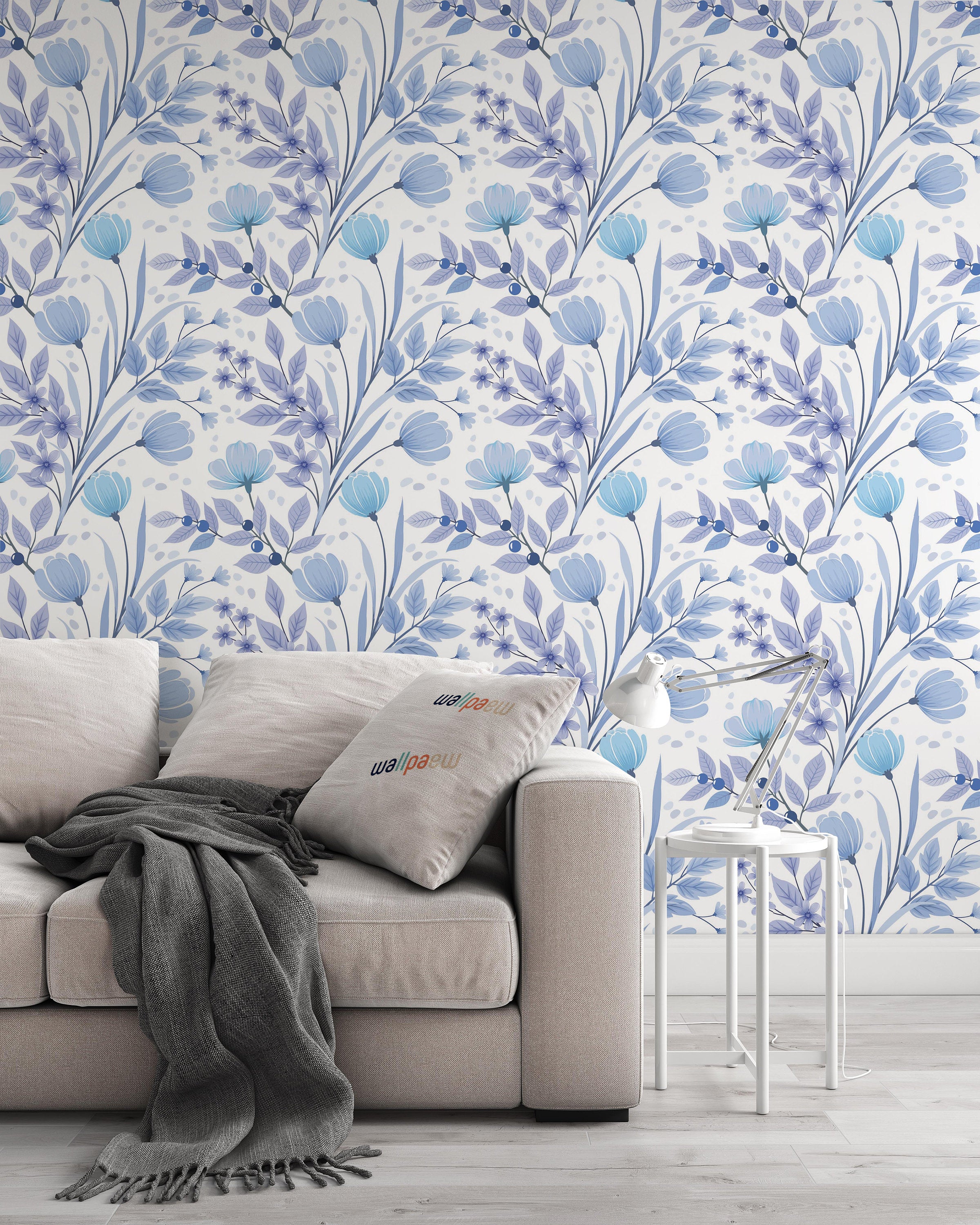 Floral Pattern on Blue Monochrome Background Wallpaper Self Adhesive Peel and Stick Wall Sticker Wall Decoration Removable