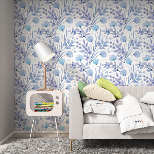 Floral Pattern on Blue Monochrome Background Wallpaper Self Adhesive Peel and Stick Wall Sticker Wall Decoration Removable