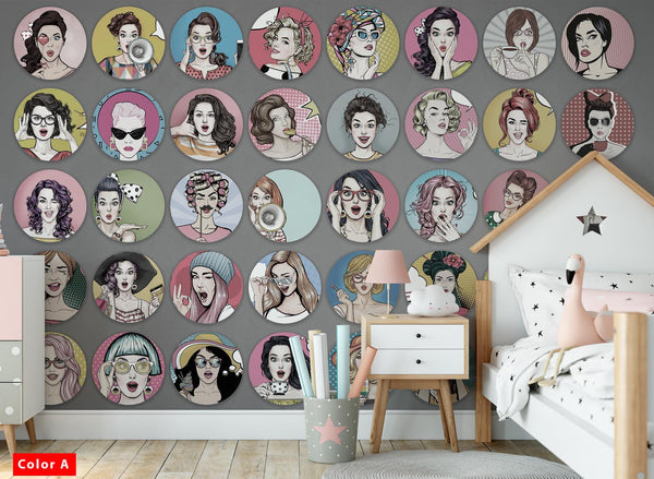 Artist Woman Faces on the Circle Colorful Wallpaper Self Adhesive Peel and Stick Wall Decoration Minimalistic Scandinavian Removable