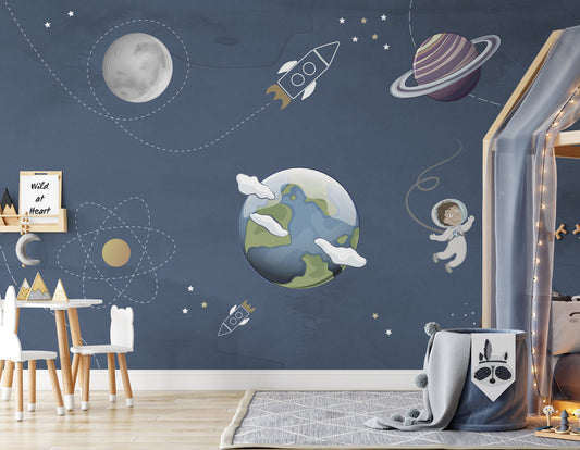 Earth Planets Astronaut Spacecraft Space Wallpaper Self Adhesive Peel and Stick Wall Decoration Minimalistic Scandinavian Removable