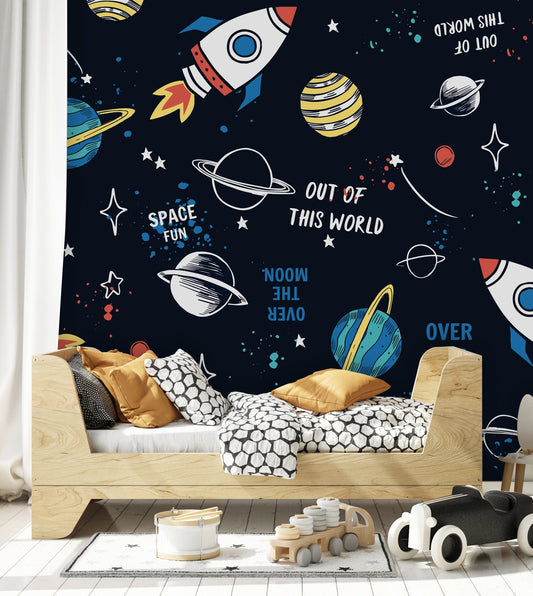 Cartoon Space Rockets Elements Stars Planets Dark Sky Far from the World Wallpaper Self Adhesive Peel and Stick Wall Decoration Removable